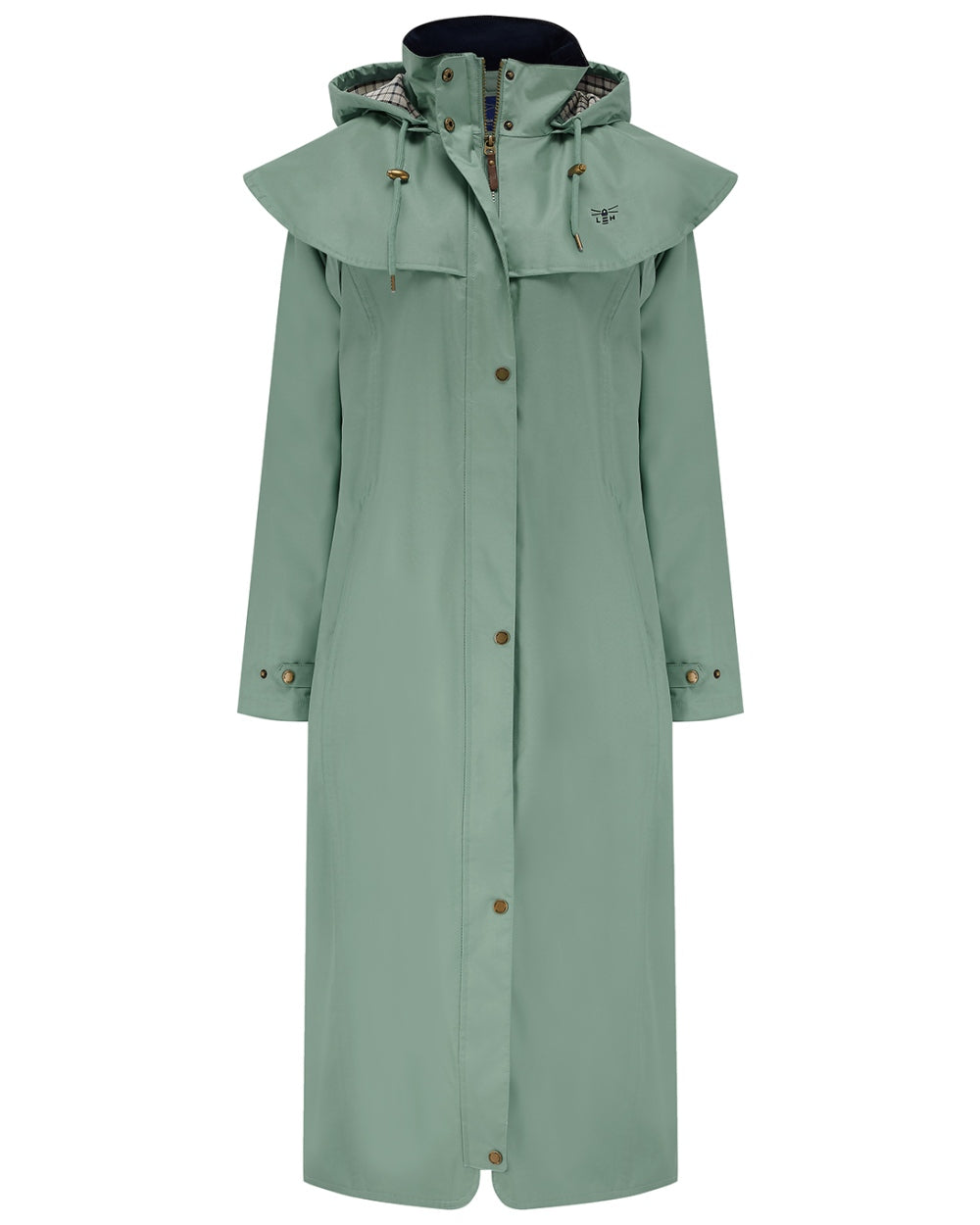 Sage coloured Lighthouse Outback Full Length Ladies Waterproof Raincoat on white background