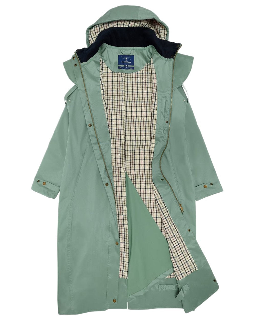 Sage coloured Lighthouse Outback Full Length Ladies Waterproof Raincoat on white background