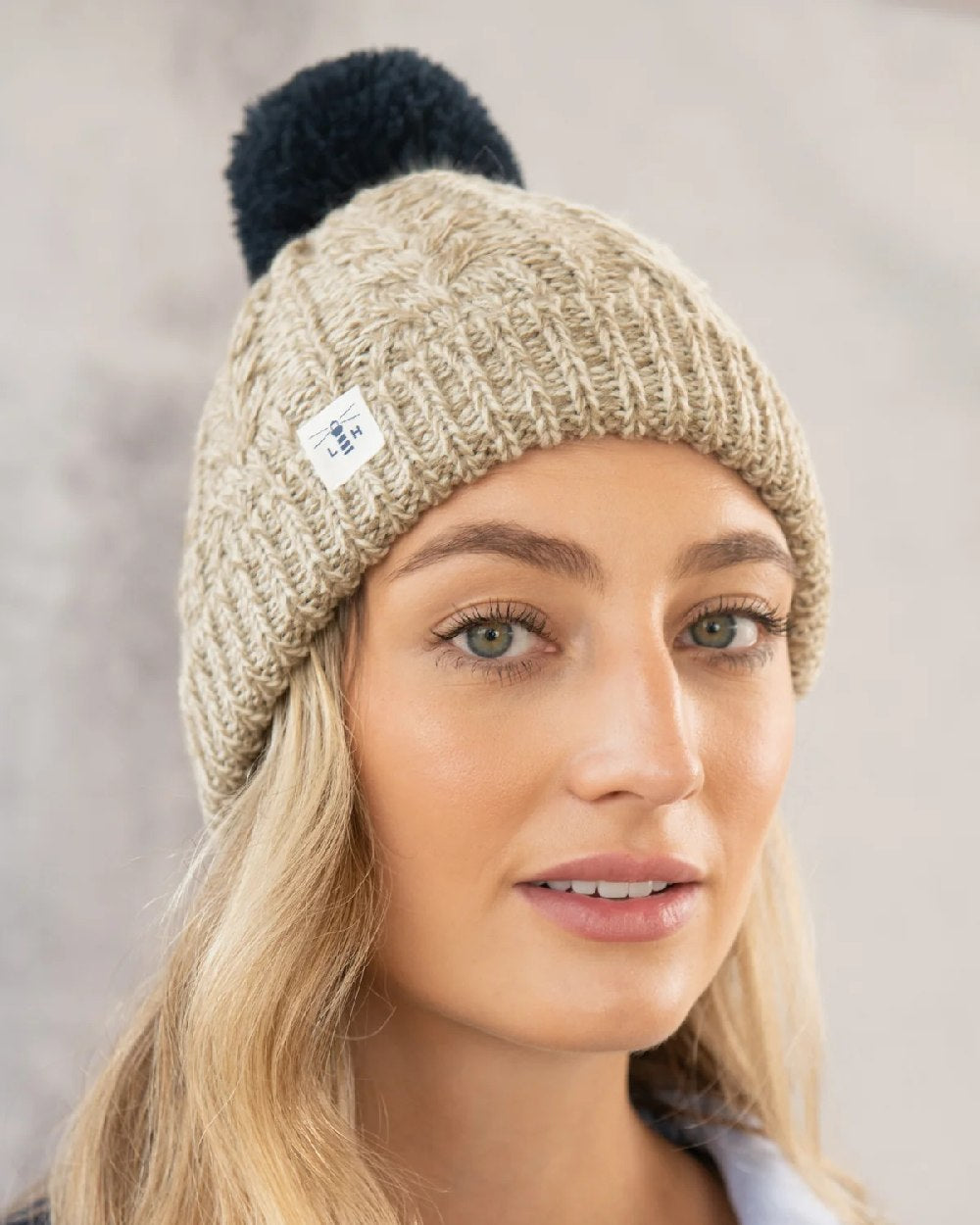 Lighthouse Hannah Bobble Hat in Almond/Navy