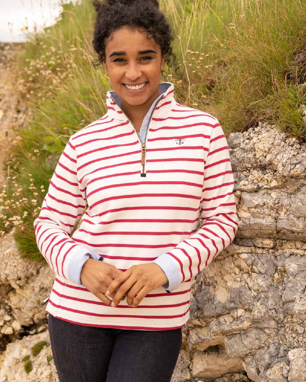 Cloud Claret Stripe coloured Lighthouse Shore Jersey Top on grassy background