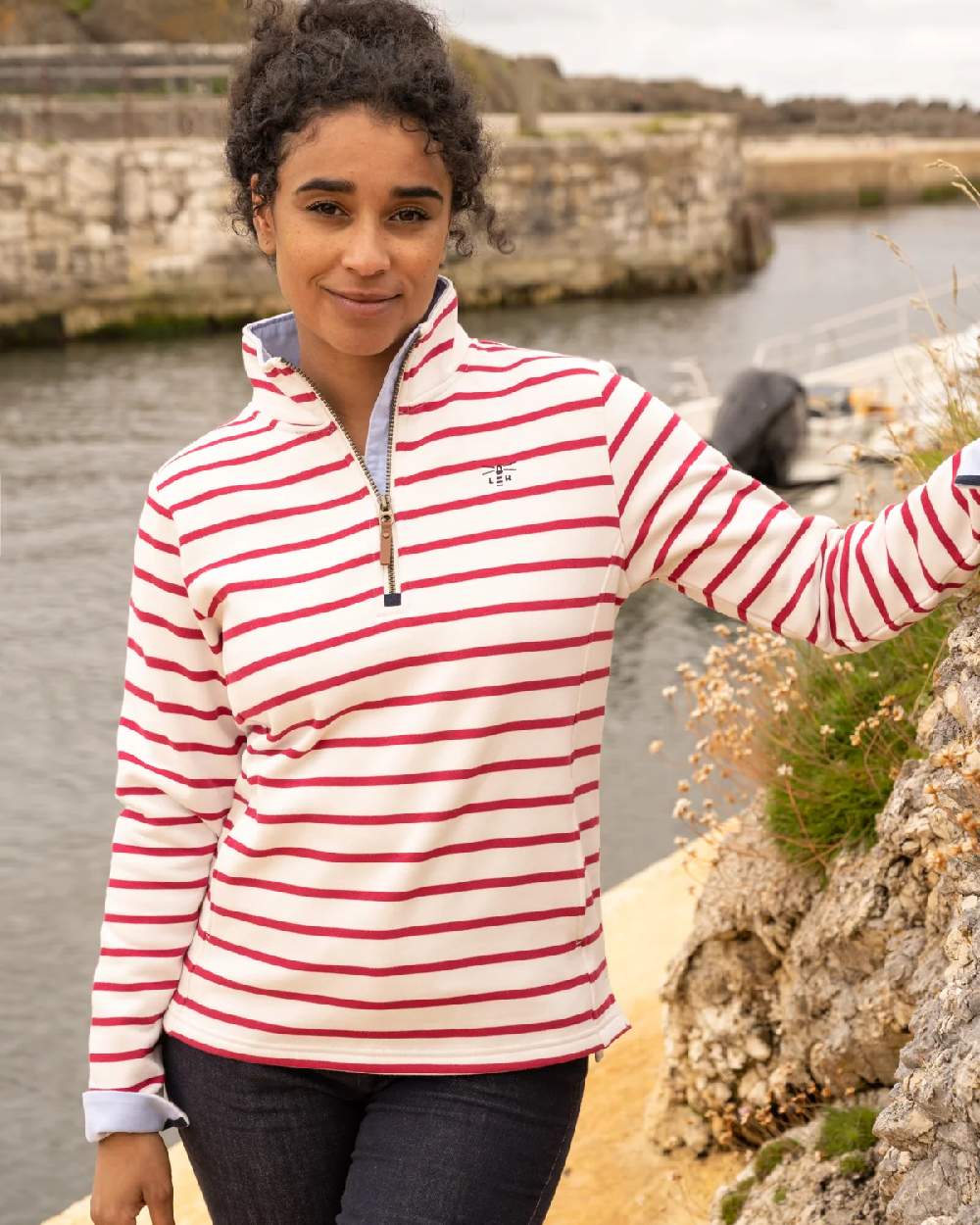 Cloud Claret Stripe coloured Lighthouse Shore Jersey Top on sea background