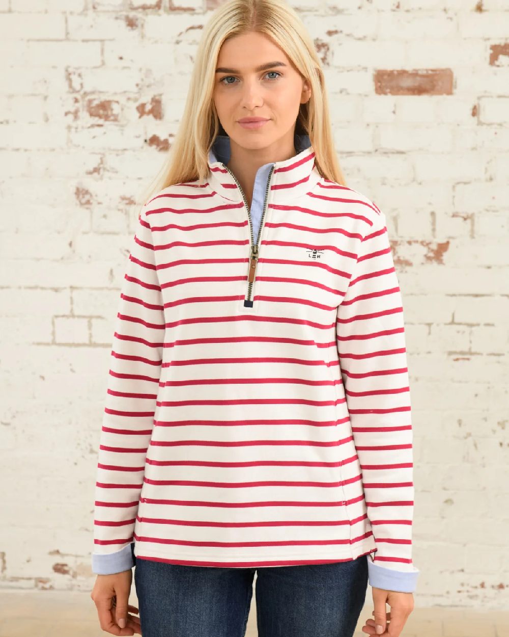 Cloud Claret Stripe coloured Lighthouse Shore Jersey Top on wall background