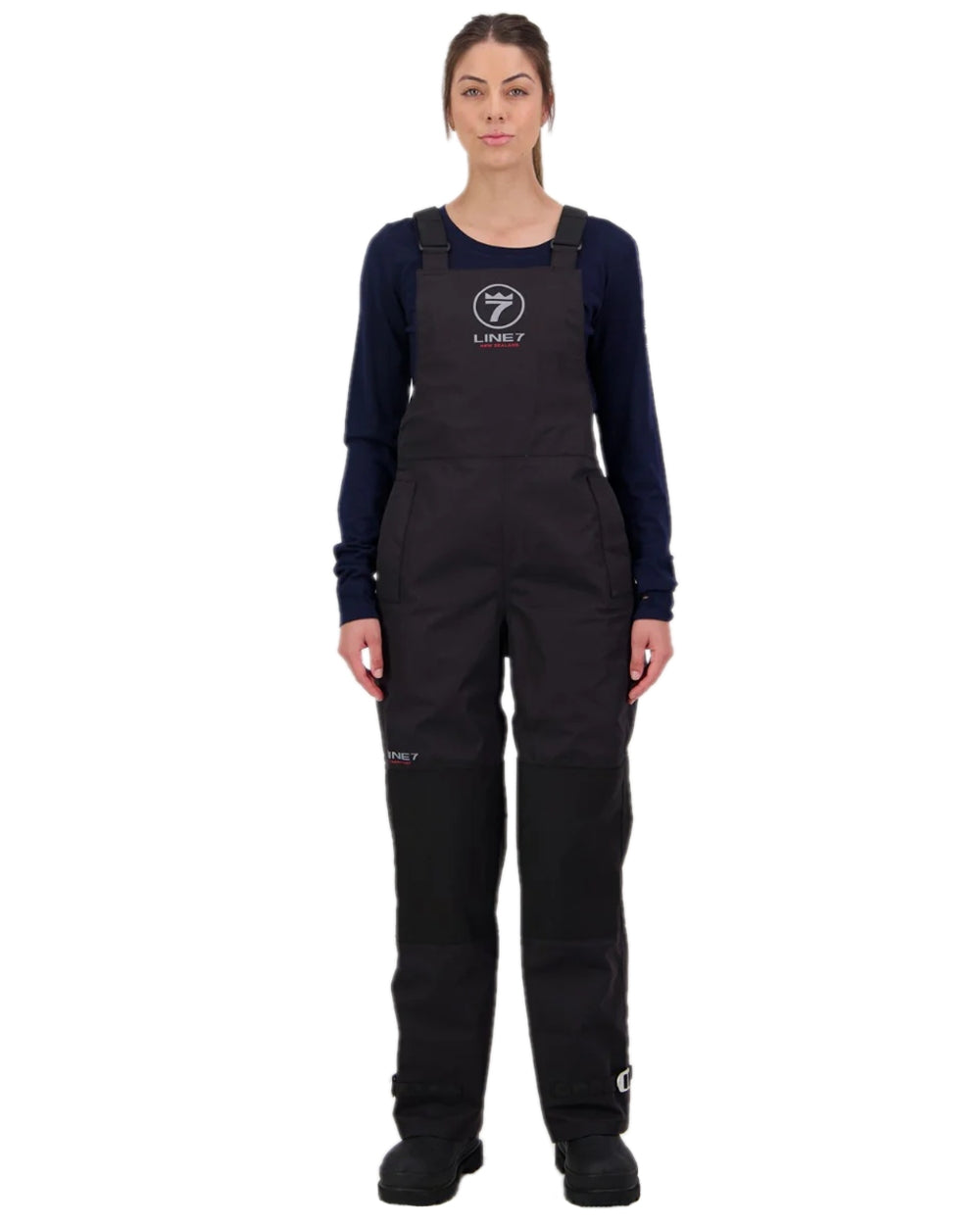 Black Coloured Line 7 Womens Territory Storm Pro20 Waterproof Bib Overtrouser on white background