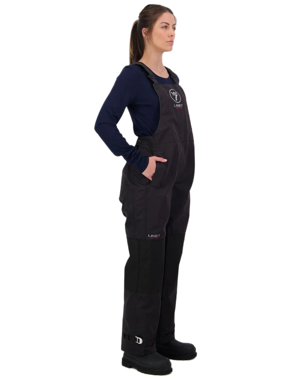 Black coloured Line 7 Womens Storm Pro 20 V2 Waterproof Bib Overtrousers on white background