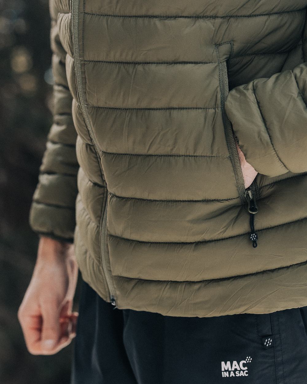 Khaki Coloured Mac In A Sac Mens Synergy Jacket on blurry background