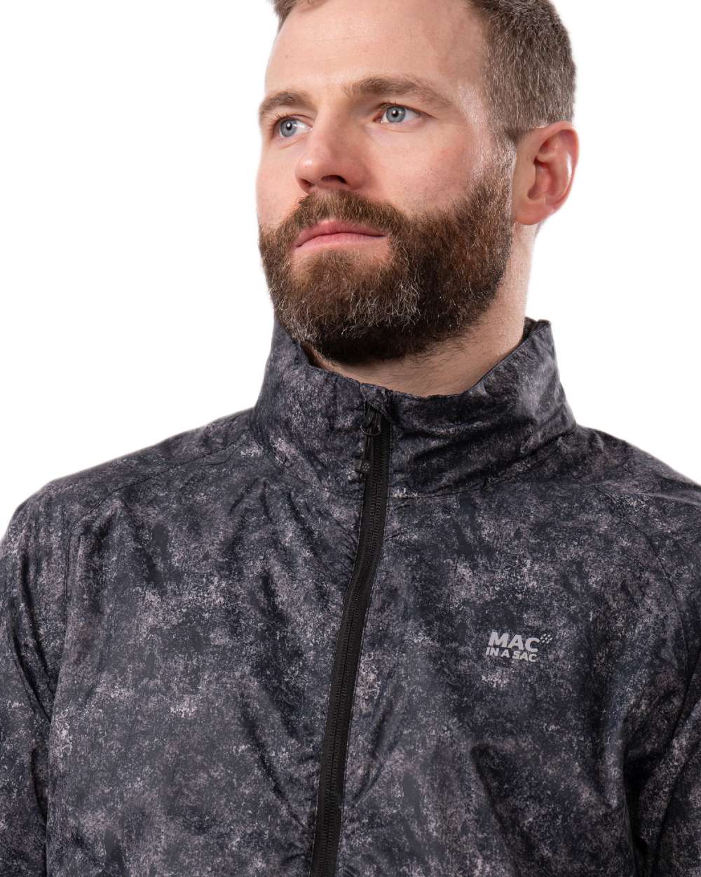 Black Etch Coloured Mac In A Sac Origin Camo Packable Waterproof Jacket on white background