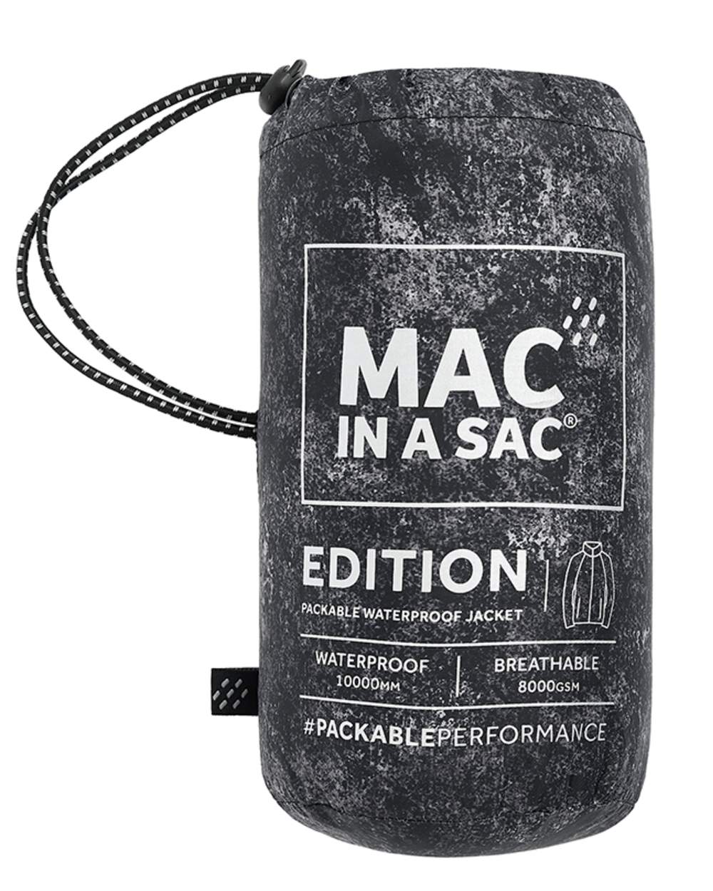Black Etch Coloured Mac In A Sac Origin Camo Packable Waterproof Jacket on white background