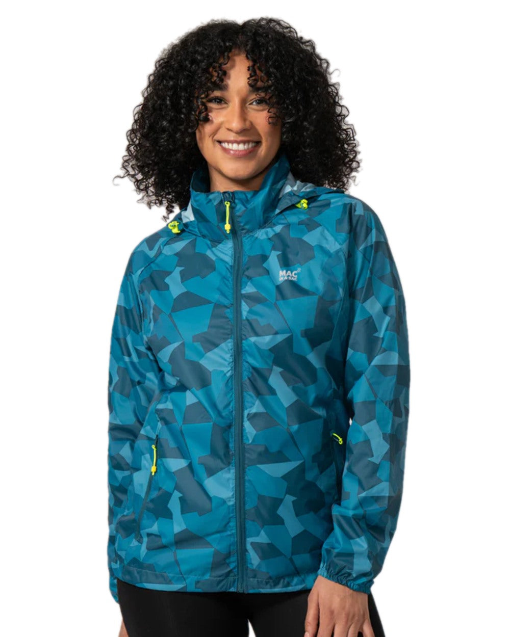 Teal Camo Coloured Mac In A Sac Origin Camo Packable Waterproof Jacket on white background