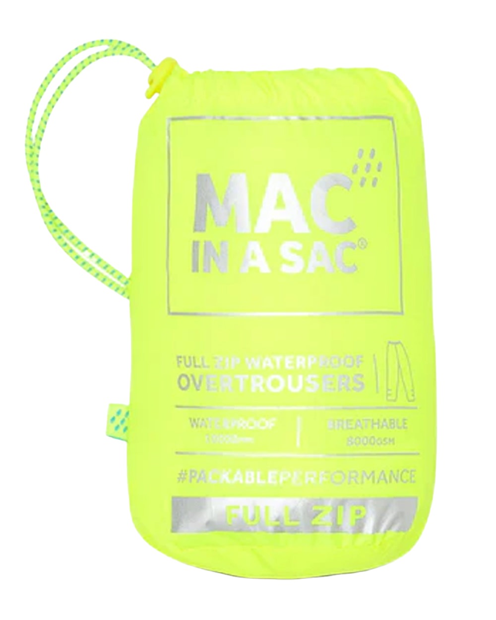Neon Yellow coloured Mac In A Sac Origin Packable Full Zip Overtrousers on white background