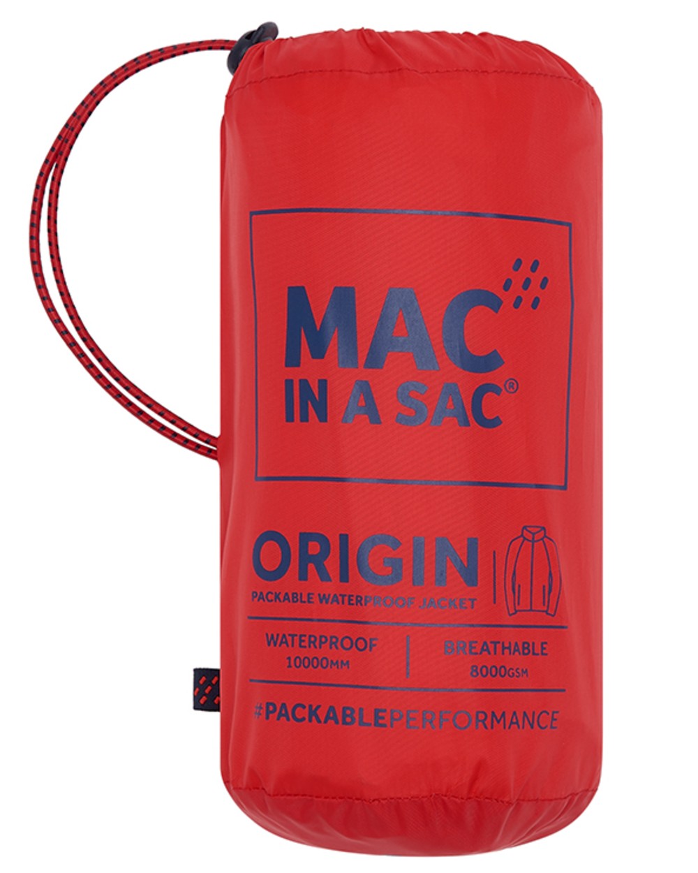 Red coloured Mac In A Sac Packable Origin Waterproof Jacket on white background