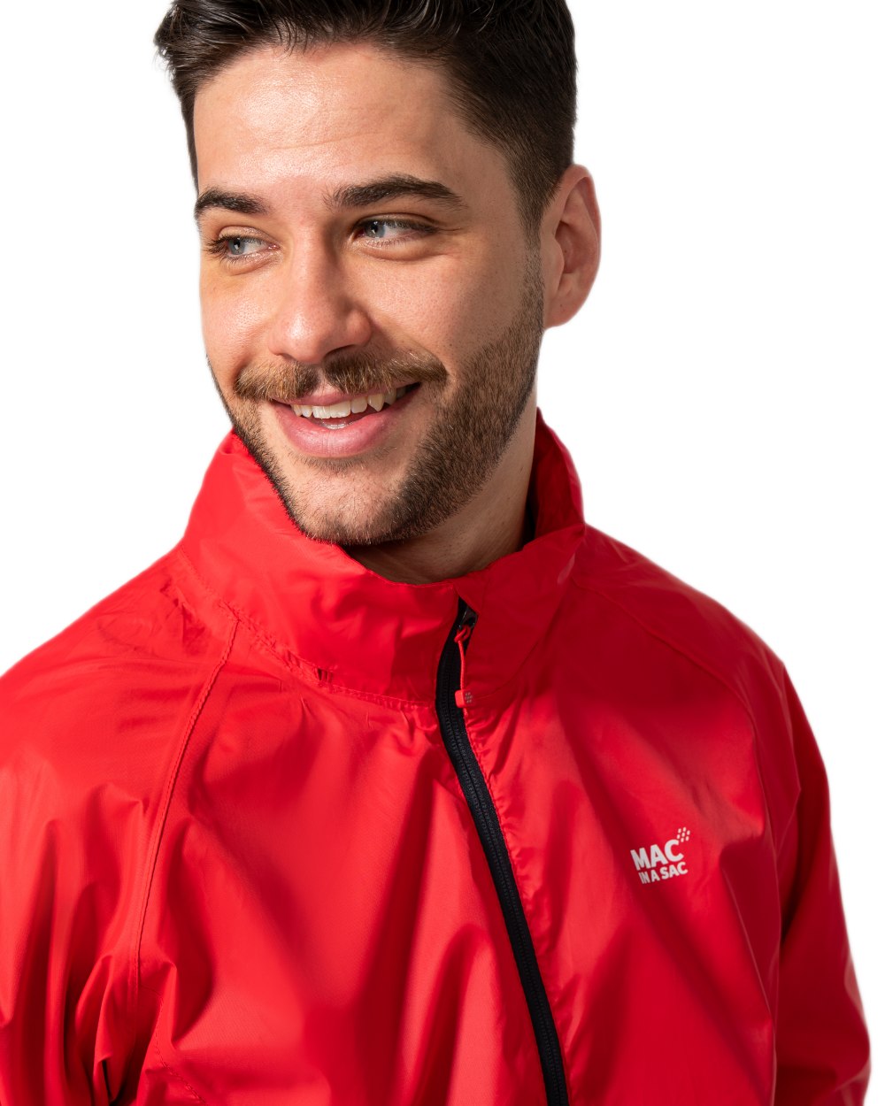 Red coloured Mac In A Sac Packable Origin Waterproof Jacket on white background