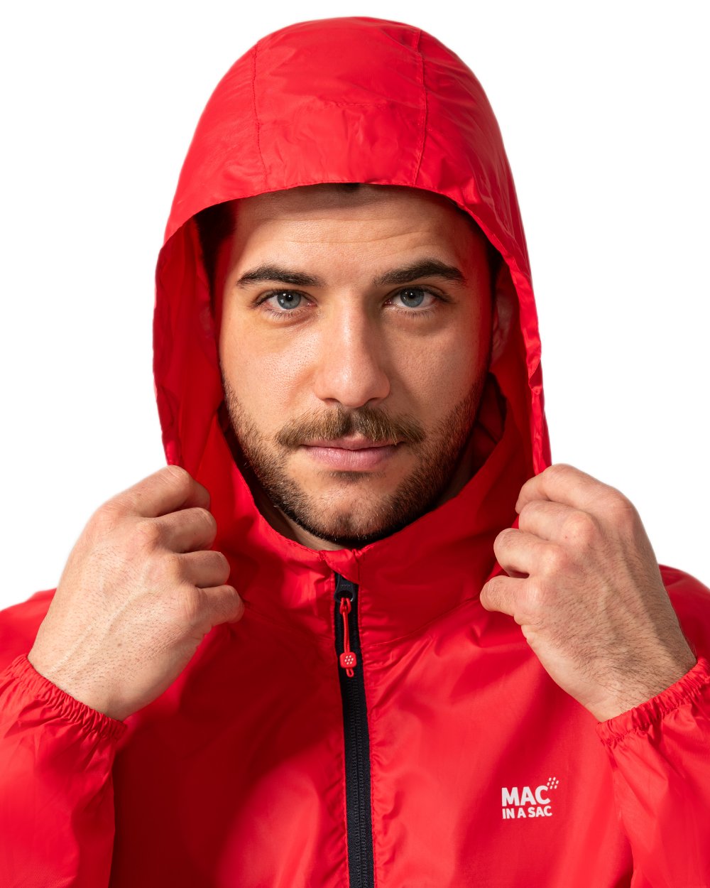 Red coloured Mac In A Sac Packable Origin Waterproof Jacket on white background