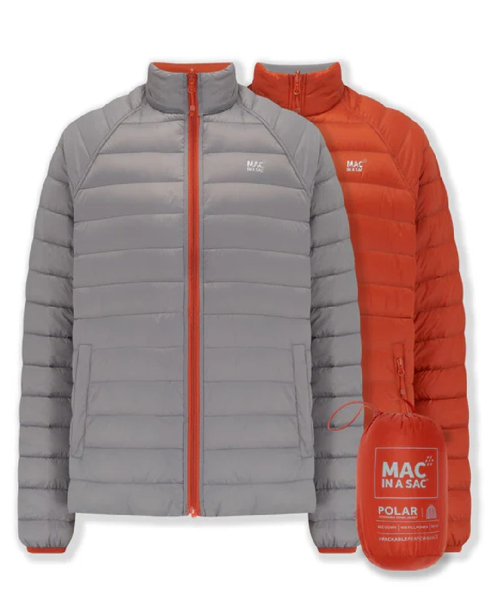 Burnt Orange Grey coloured Mac In A Sac Packable Mens Polar Down Jacket on white background