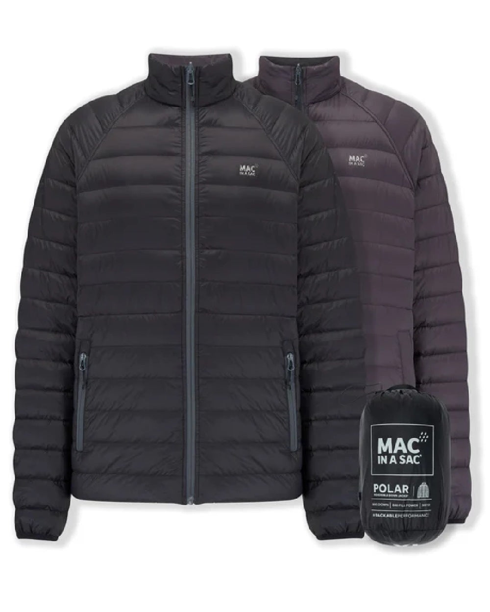 Jet Black Charcoal coloured Mac In A Sac Packable Mens Polar Down Jacket on white background