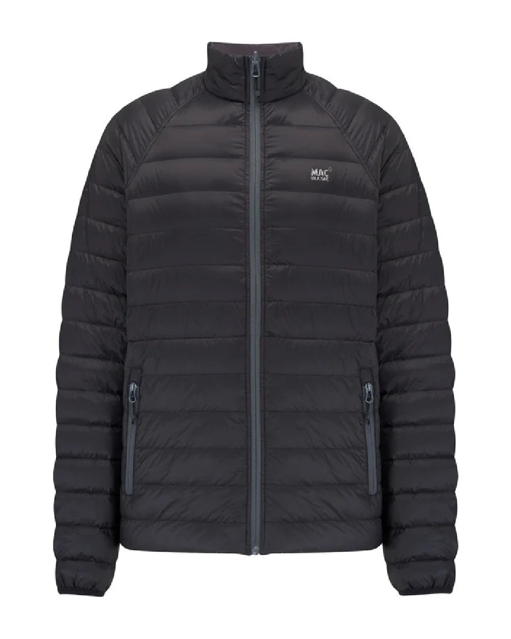 Jet Black Charcoal coloured Mac In A Sac Packable Mens Polar Down Jacket on white background