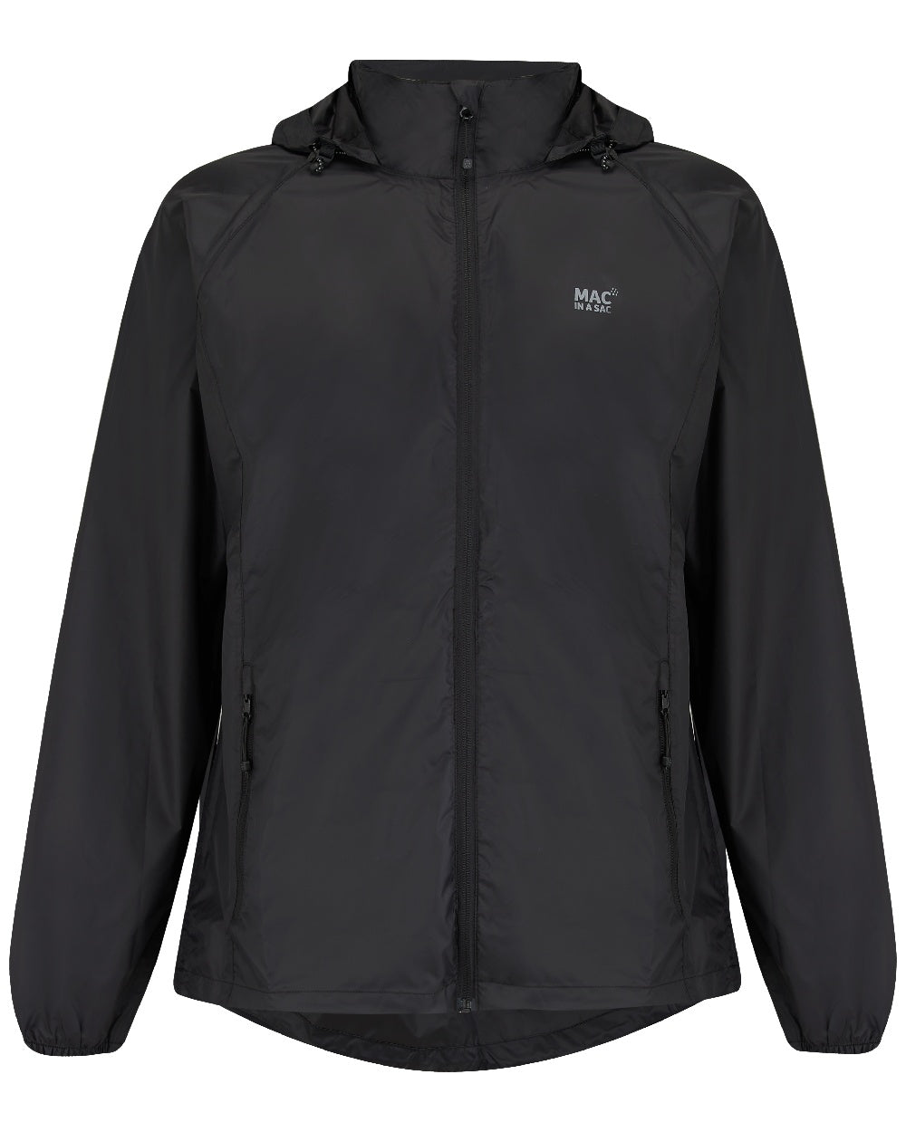 Jet Black coloured Mac In A Sac Packable Origin Waterproof Jacket on white background