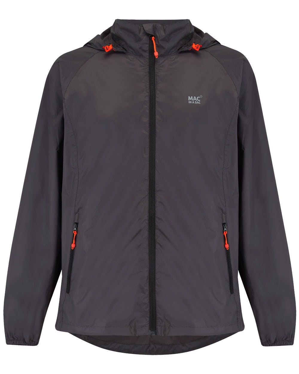 Charcoal coloured Mac In A Sac Packable Origin Waterproof Jacket on white background