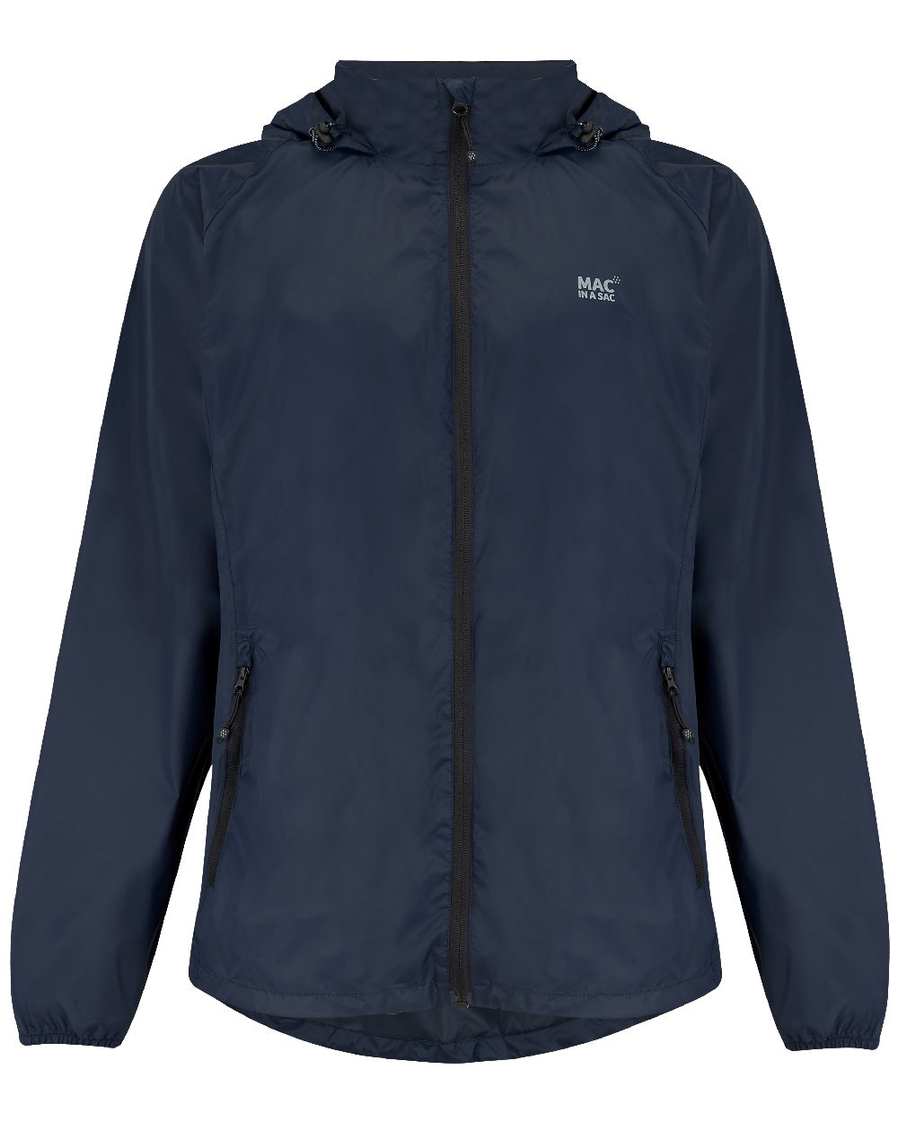 Navy coloured Mac In A Sac Packable Origin Waterproof Jacket on white background