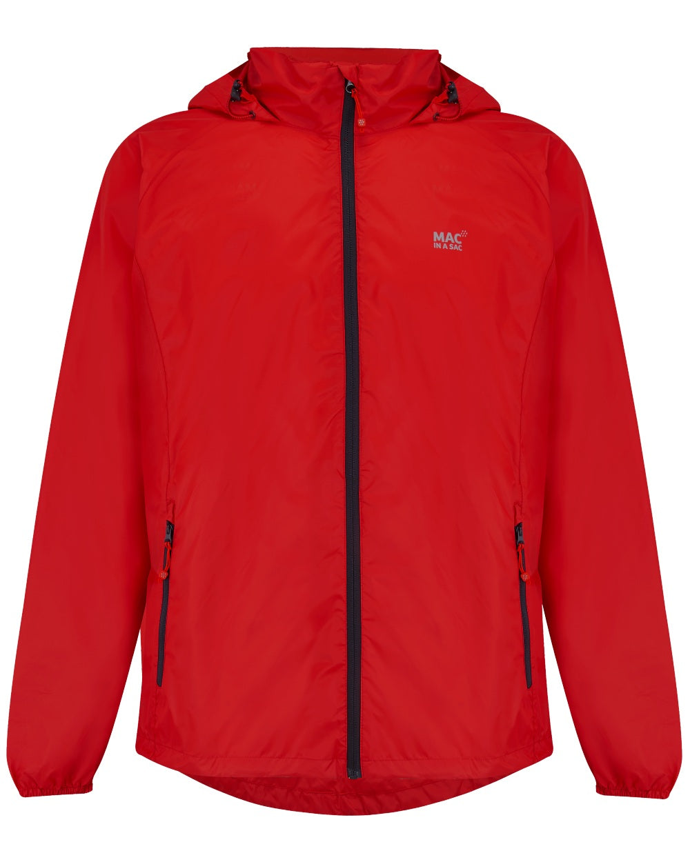 Red coloured Mac In A Sac Packable Origin Waterproof Jacket on white background