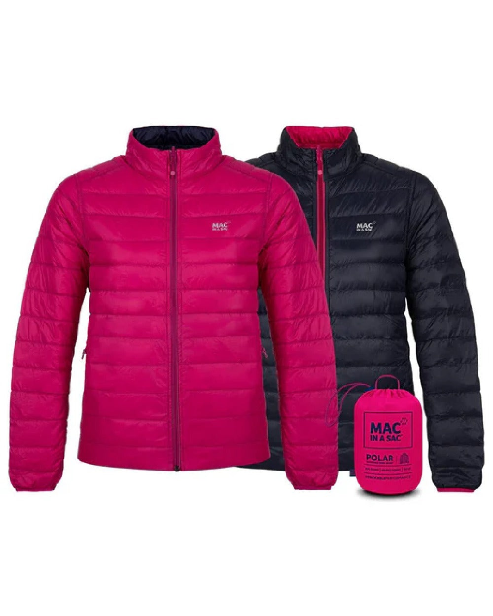 Fuchsia Navy coloured Mac In A Sac Packable Womens Down Jacket on white background