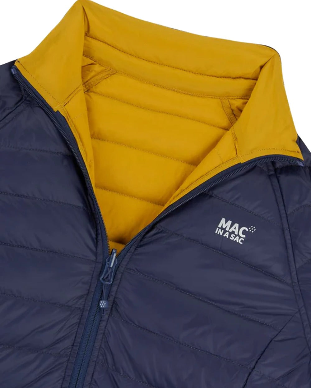 Navy Mustard coloured Mac In A Sac Packable Womens Down Jacket on white background