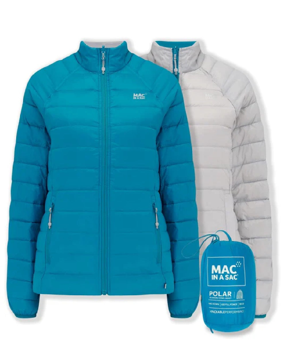 Petrol Soft Grey coloured Mac In A Sac Packable Womens Down Jacket on white background
