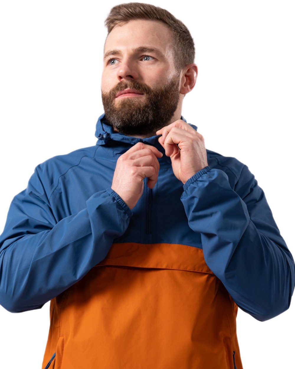 Blue Burnt Orange coloured Mac In A Sac Nomad Waterproof Half Zip Jacket on white background