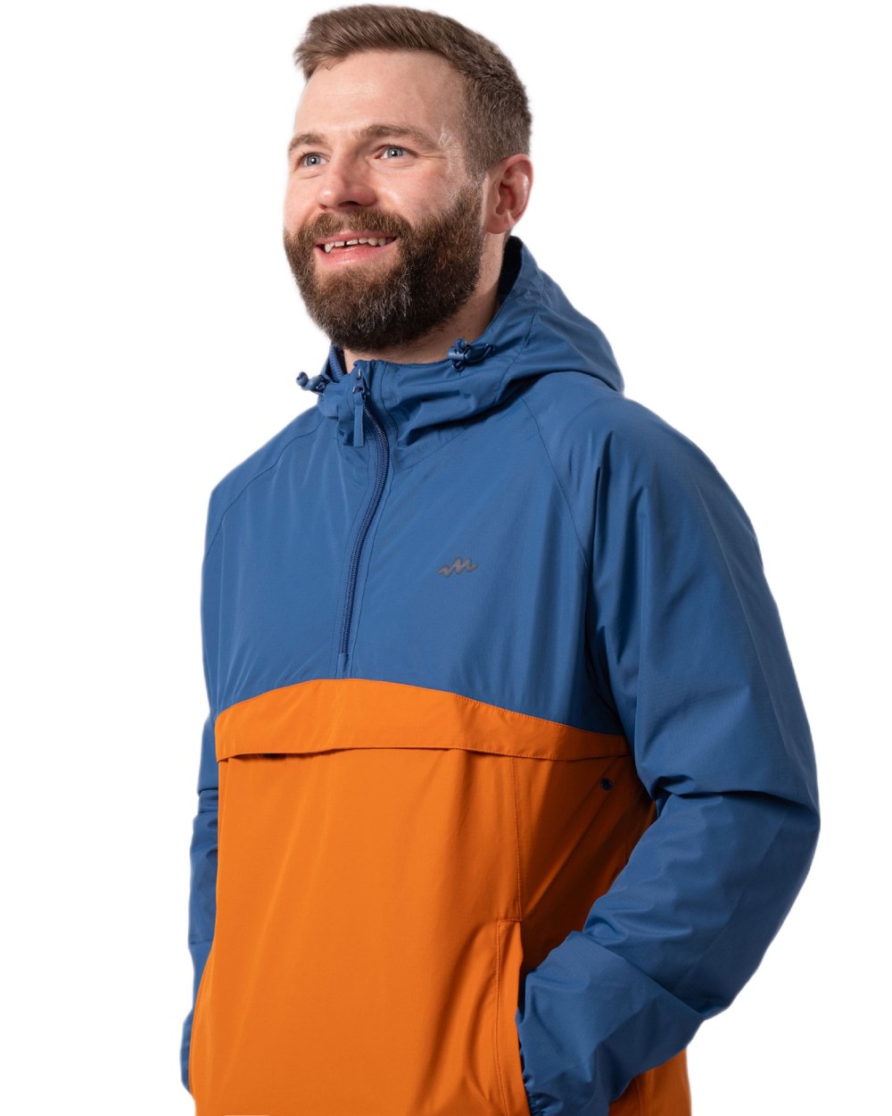 Blue Burnt Orange coloured Mac In A Sac Nomad Waterproof Half Zip Jacket on white background