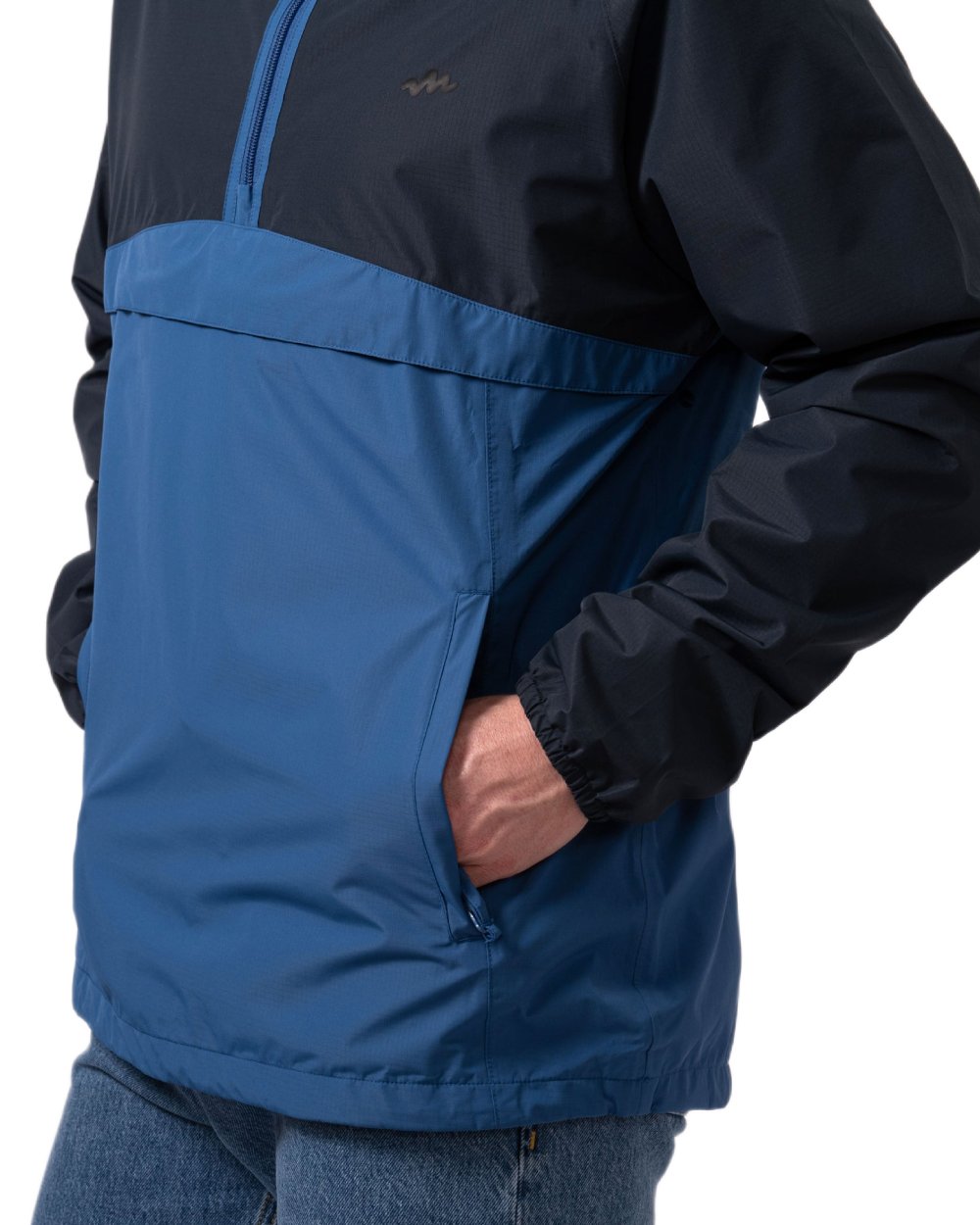 Navy Blue coloured Mac In A Sac Nomad Waterproof Half Zip Jacket on white background