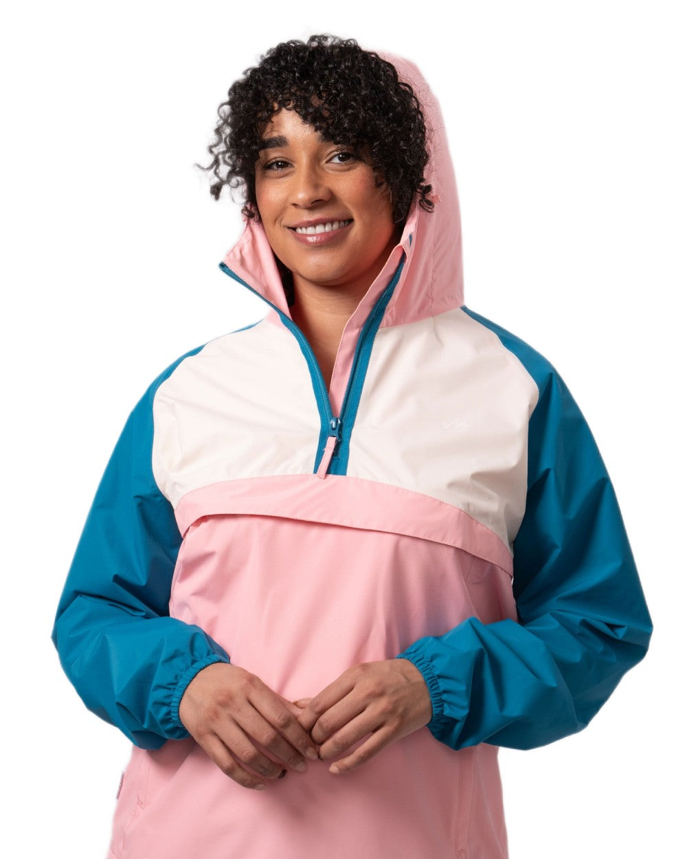 Teal Pink coloured Mac In A Sac Womens Nomad Waterproof Half Zip Jacket on white background