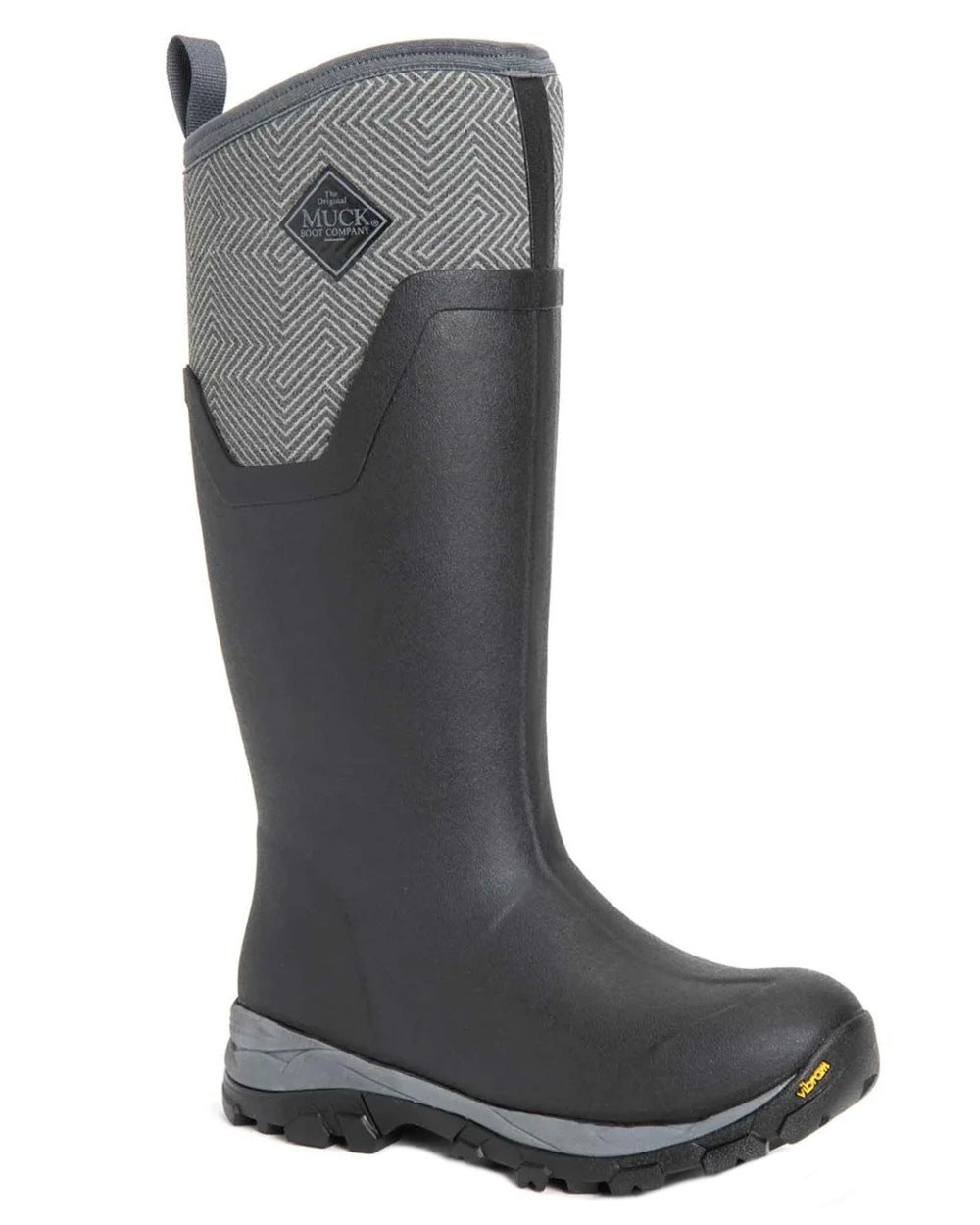 Black Grey Geometric coloured Muck Boots Womens Arctic Ice Tall Wellingtons on white background