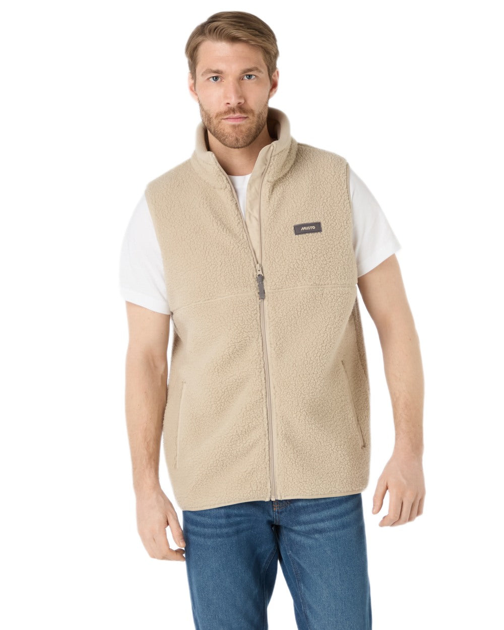 Pure Cashmere coloured Musto Mens Cover Deep Pile Fleece Vest on white background
