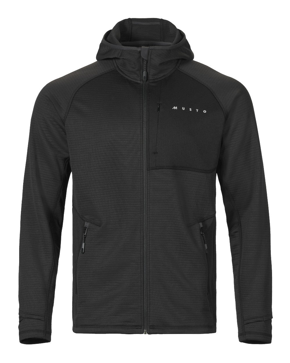 Black Coloured Musto Mens Evo Thermal Hooded Technical Fleece Jacket on white background