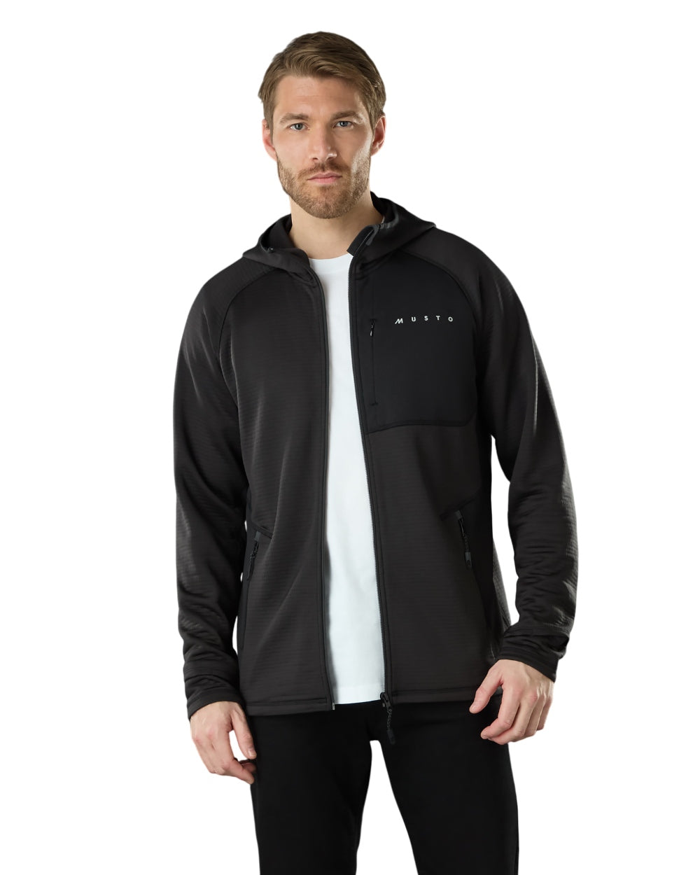 Black Coloured Musto Mens Evo Thermal Hooded Technical Fleece Jacket on white background