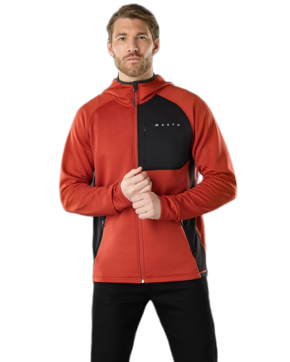 Rust coloured Musto Mens Evo Thermal Hooded Technical Fleece Jacket on white background