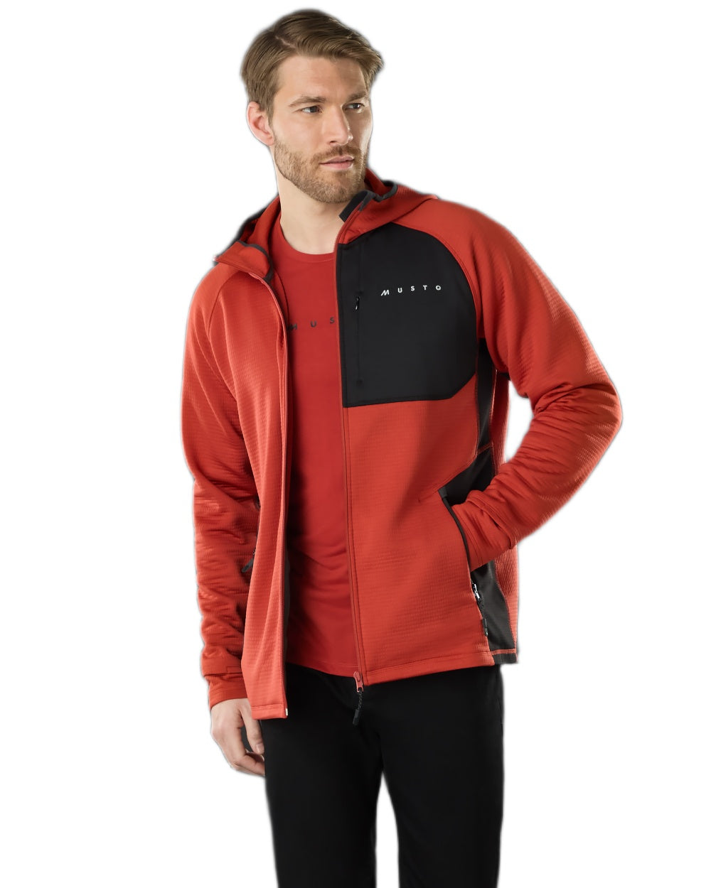 Rust coloured Musto Mens Evo Thermal Hooded Technical Fleece Jacket on white background