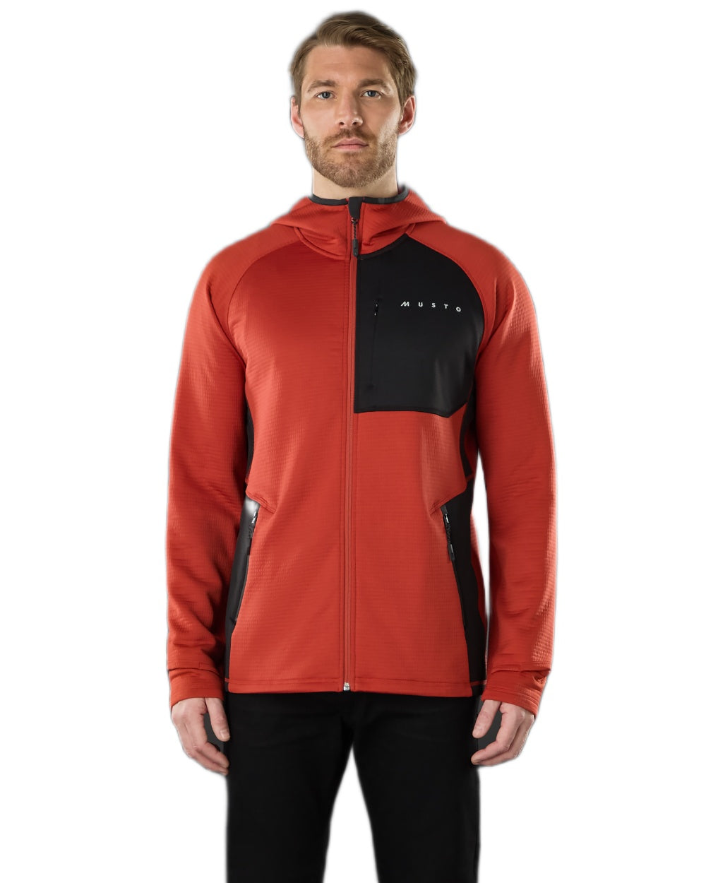 Rust coloured Musto Mens Evo Thermal Hooded Technical Fleece Jacket on white background