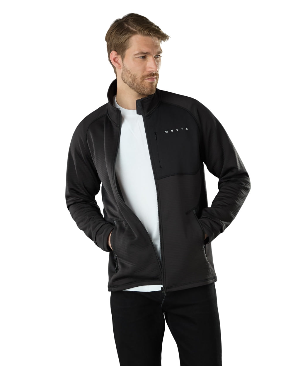 Black Coloured Musto Mens Evo Thermal Tech Fleece Jacket on white background