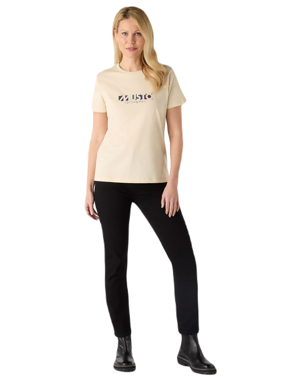 Oat Coloured Musto Womens 1964 Short Sleeve T-Shirt On A White Background