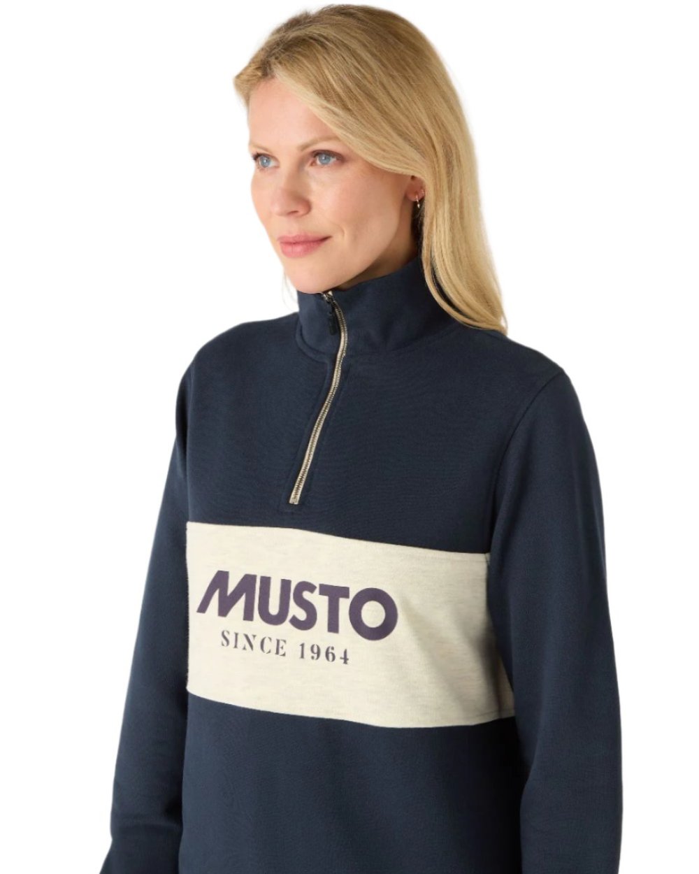 Navy Oat Coloured Musto Womens Classic Half Zip Sweatshirt On A White Background