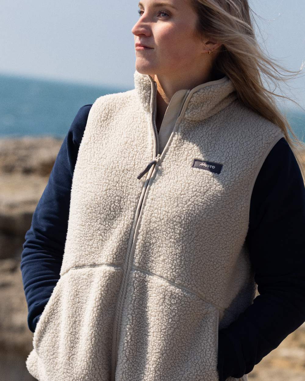 Pure Cashmere Coloured Musto Womens Cover Deep Pile Fleece Vest on outdoor background