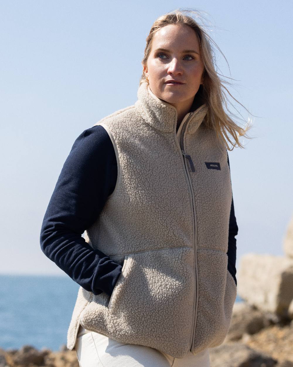 Pure Cashmere Coloured Musto Womens Cover Deep Pile Fleece Vest on outdoor background