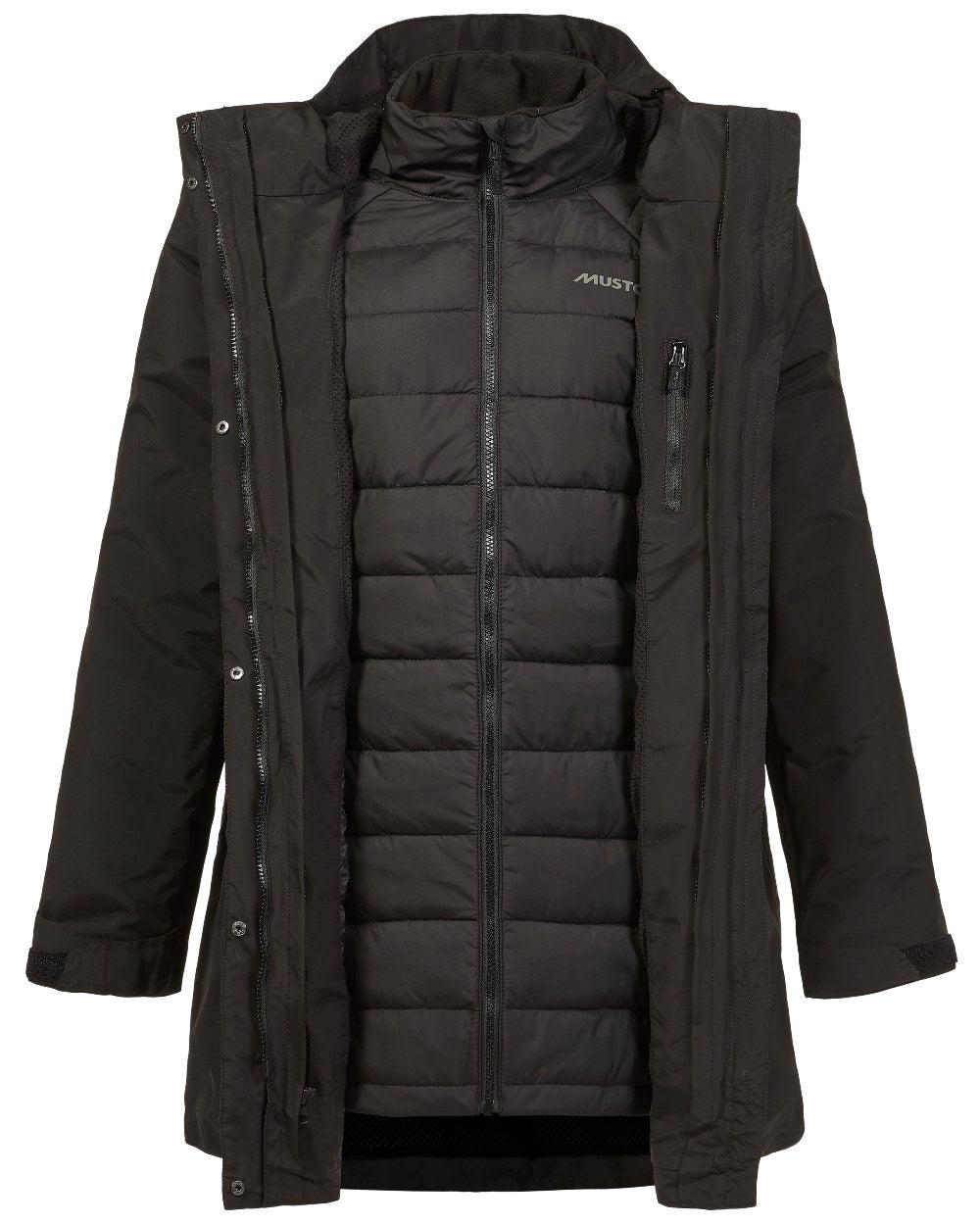 Black coloured Musto Womens Primaloft 3 in 1 Parka on white background