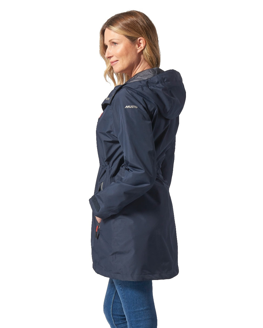 Navy coloured Musto Ladies Sardinia Rain Jacket on White background