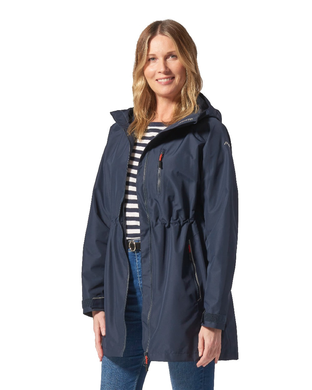 Navy coloured Musto Ladies Sardinia Rain Jacket on White background