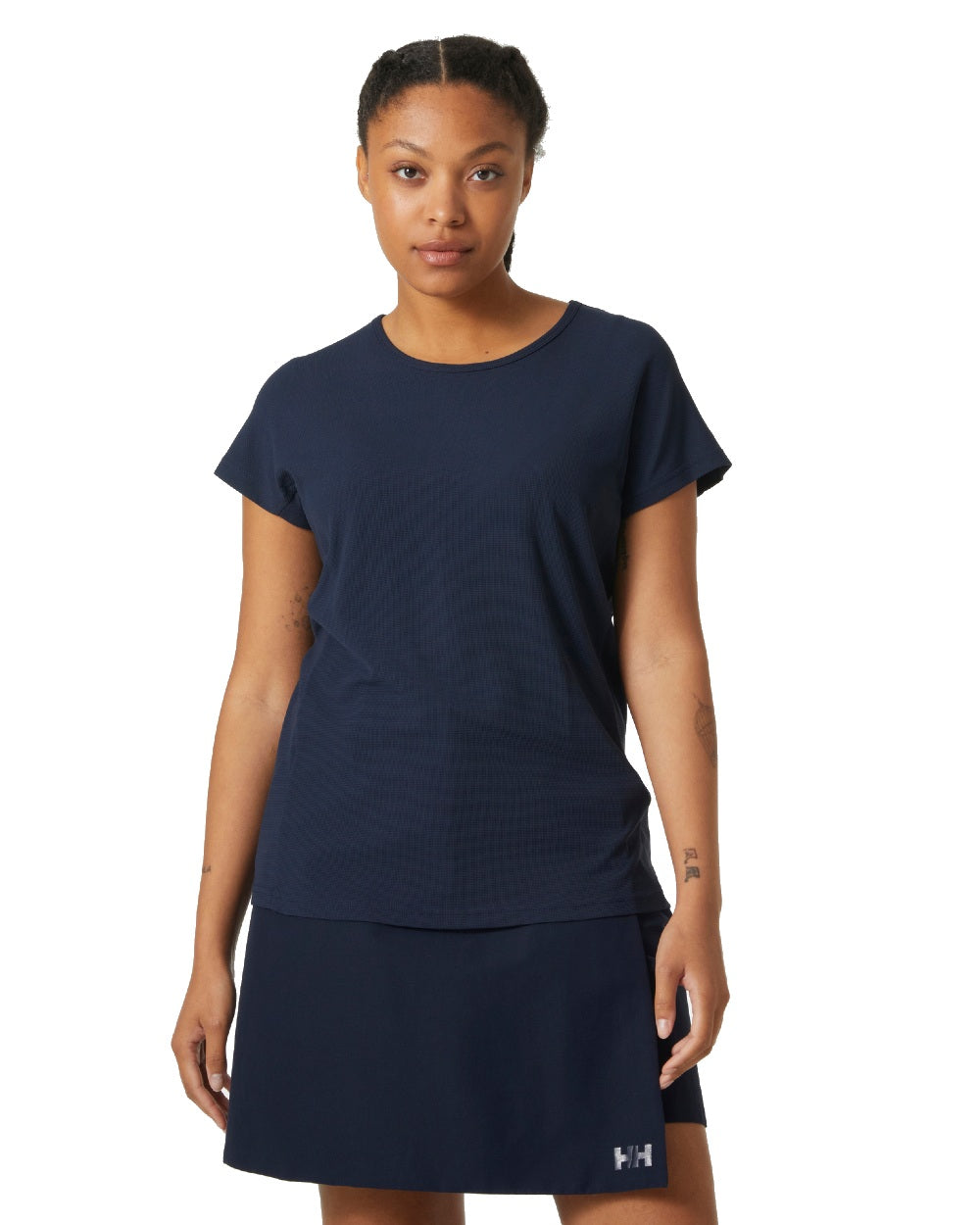 Navy coloured Helly Hansen womens crewline quick dry top on white background
