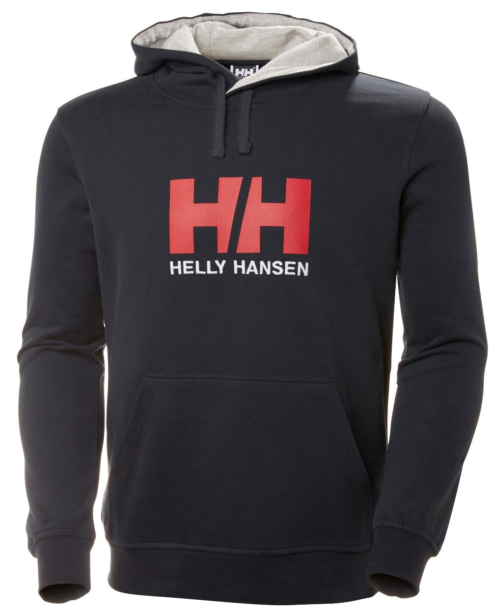 Navy Coloured Helly Hansen Mens Logo Hoodie On A White Background 