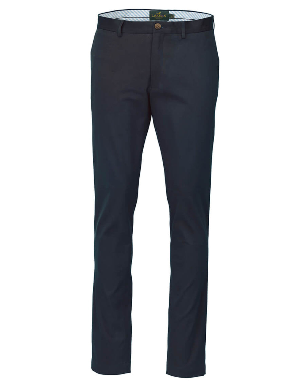 Navy Coloured Laksen Lumley Chino Trousers On A White Background