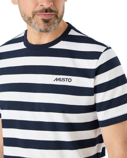 Navy/White Coloured Musto Mens Classic Striped Short Sleeve T-Shirt On A White Background 