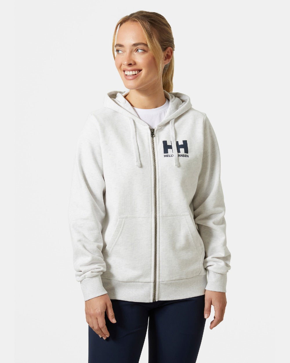 Nimbus Cloud Melange Coloured Helly Hansen Womens HH Logo Full Zip Hoodie on a grey background 